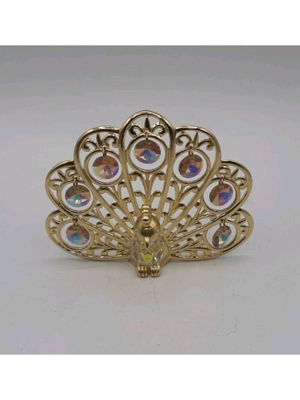 Vintage Gold Plated Peacock Figurine with Pink Aurora Borealis Crystals
